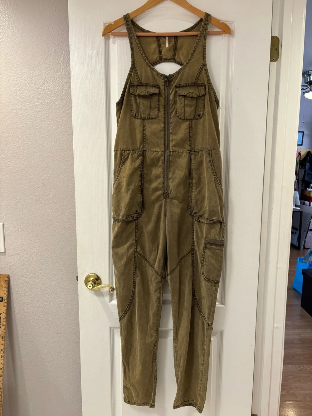 Free People 2013 Tencel Utility Ginger Jumpsuit Backless Zip Front Olive Green